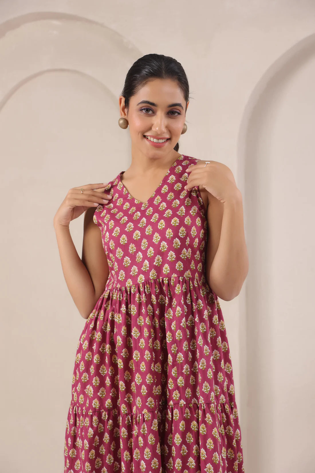 Wine Printed Sleeveless Cotton Flare Dress for Women