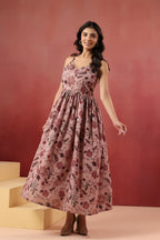 Dusty Pink Floral Printed Pure Cotton Maxi Dress — Shoulder Tie Straps | Elasticated Back
