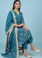 Teal Blue Mughal Floral Block Print Pure Cotton Kurta, Pants & Dupatta 3-Piece Set with Gold Foil Detail & Lace Border