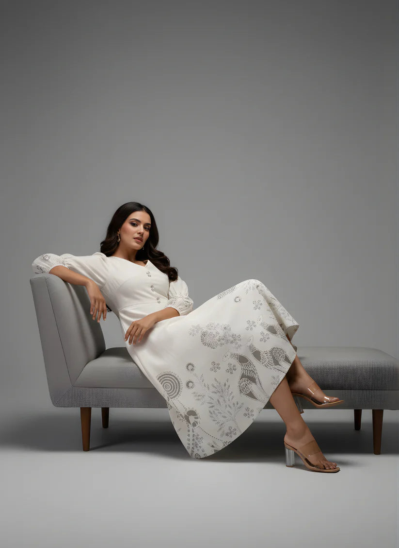 Pure Cotton White Printed Midi Dress