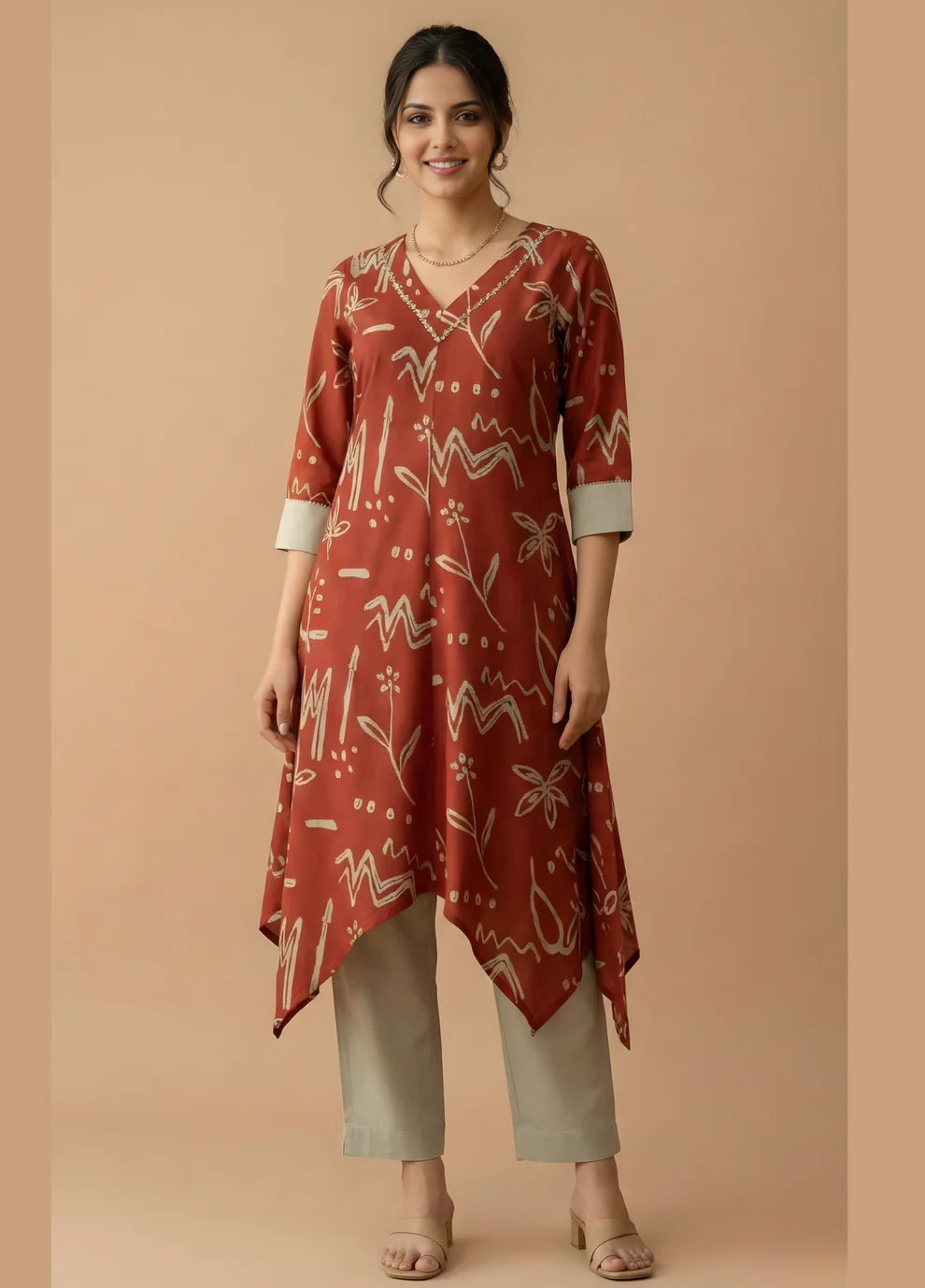 Rust Abstract Print Pure Cotton Asymmetric Hem Kurta with Straight Pants