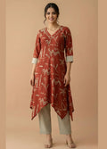 Rust Abstract Print Pure Cotton Asymmetric Hem Kurta with Straight Pants
