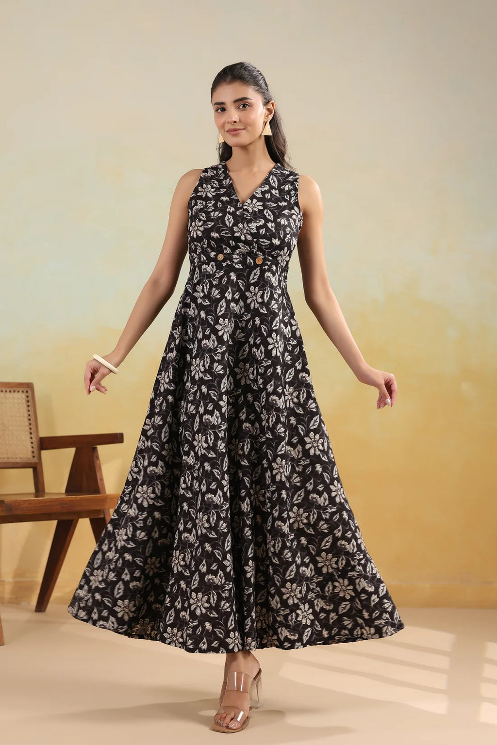 Women’s Pure Cotton Hand Block Printed Flared Maxi Dress – Black Floral