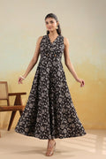Women’s Pure Cotton Hand Block Printed Flared Maxi Dress – Black Floral