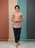 Ivory Pure Cotton Watercolour Floral Printed Top with Round Neck, Front Pleat & Three-Quarter Sleeves