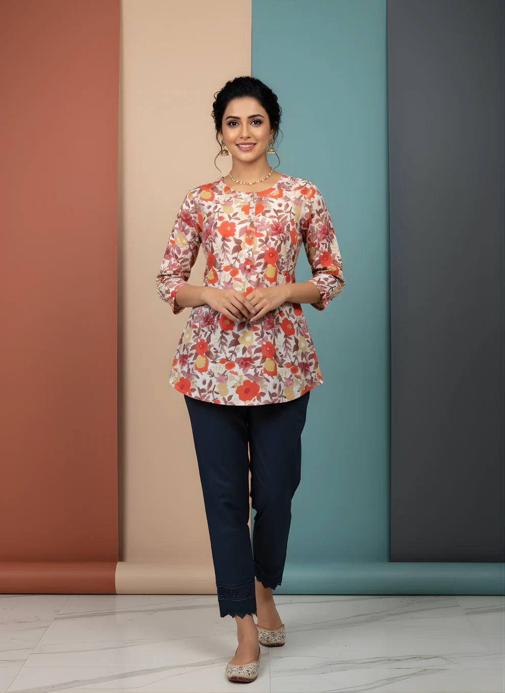 Ivory Pure Cotton Watercolour Floral Printed Top with Round Neck, Front Pleat & Three-Quarter Sleeves