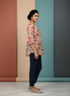 Ivory Pure Cotton Watercolour Floral Printed Top with Round Neck, Front Pleat & Three-Quarter Sleeves