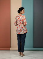 Ivory Pure Cotton Watercolour Floral Printed Top with Round Neck, Front Pleat & Three-Quarter Sleeves