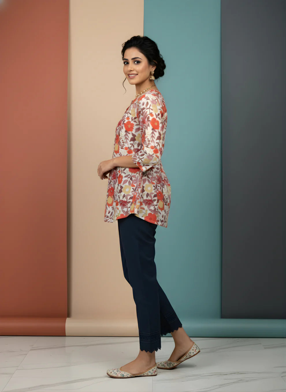 Ivory Pure Cotton Watercolour Floral Printed Top with Round Neck, Front Pleat & Three-Quarter Sleeves