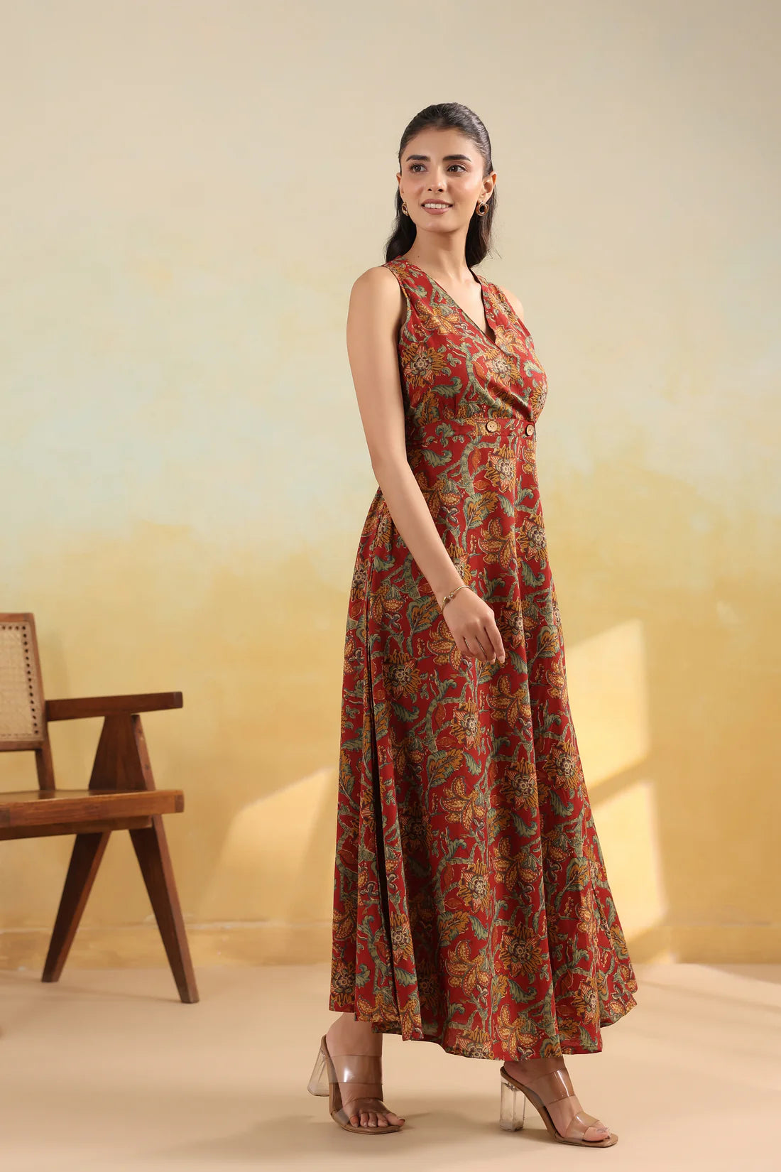 Women’s Pure Cotton Hand Block Printed Maxi Dress – Rust Red Floral