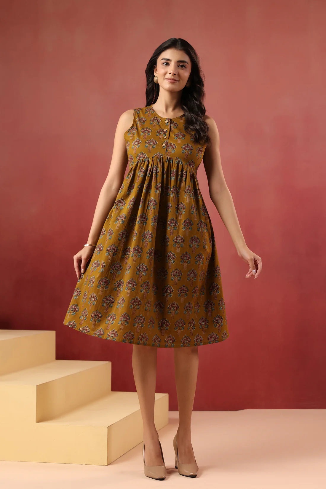 Printed Cotton Sleeveless Dress — Elegant Flared Casual Wear