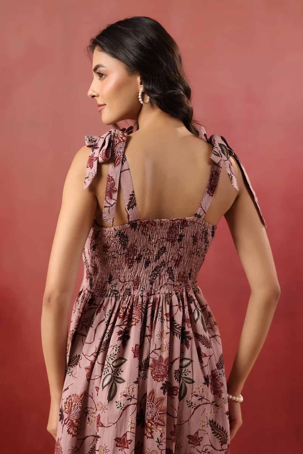 Dusty Pink Floral Printed Pure Cotton Maxi Dress — Shoulder Tie Straps | Elasticated Back
