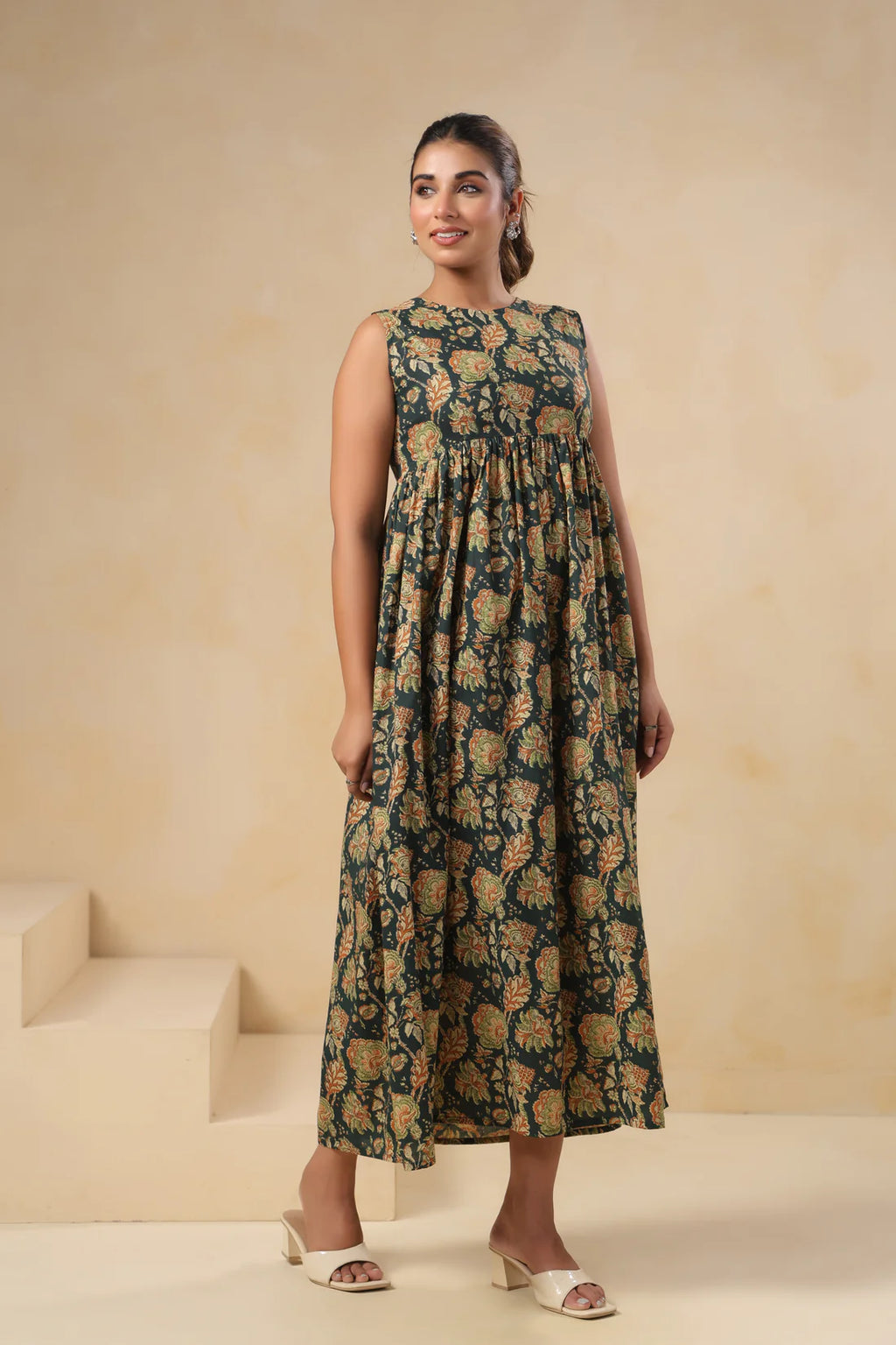 Dark Green Floral Printed Sleeveless Cotton Flare Dress for Women