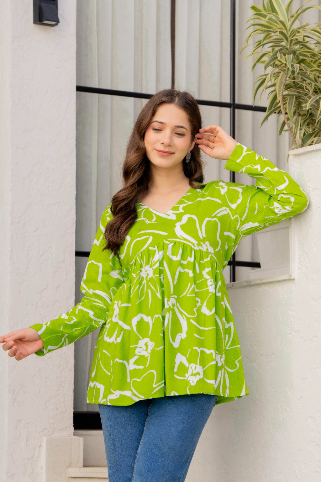 Lime Green Floral Printed Cotton Alia Top