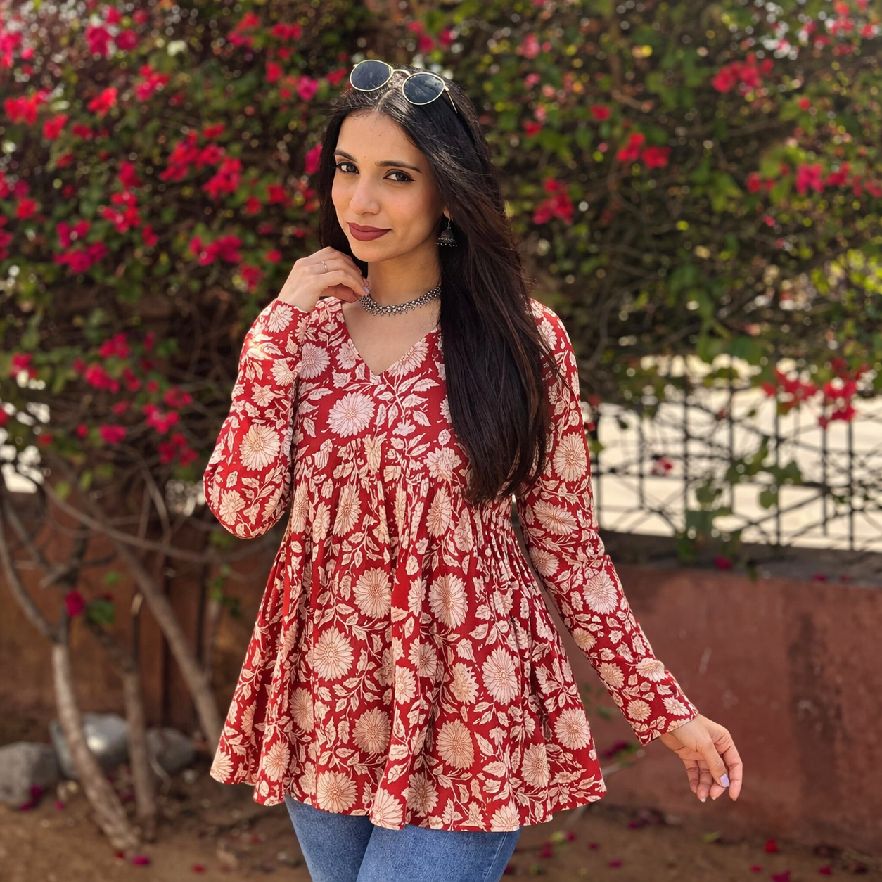 Elegant Floral Cotton Alia Top for Girls – Red