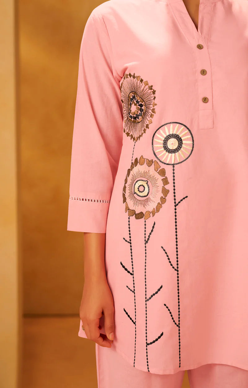 Women Pink Pure Cotton Embroidered Straight Kurta Co-Ord Set