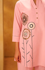 Women Pink Pure Cotton Embroidered Straight Kurta Co-Ord Set
