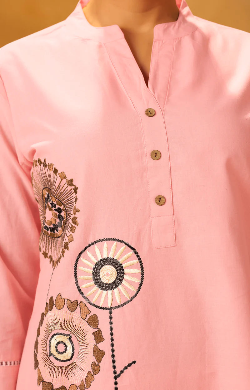 Women Pink Pure Cotton Embroidered Straight Kurta Co-Ord Set