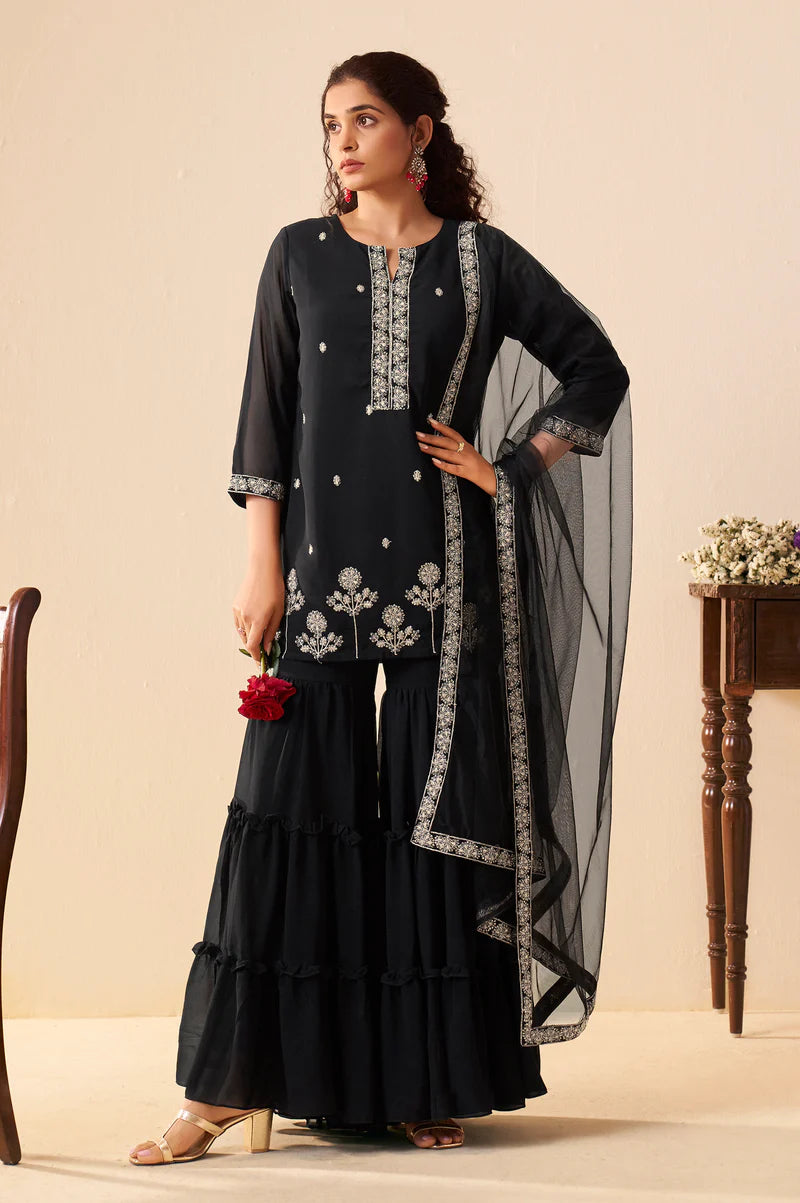 Black Georgette Handwork Embroidered Straight Kurta with Sharara & Net Dupatta