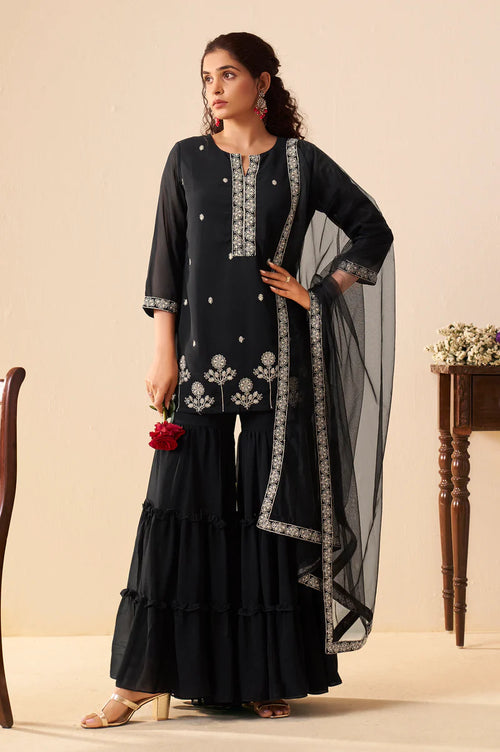 Black Georgette Handwork Embroidered Straight Kurta with Sharara & Net Dupatta