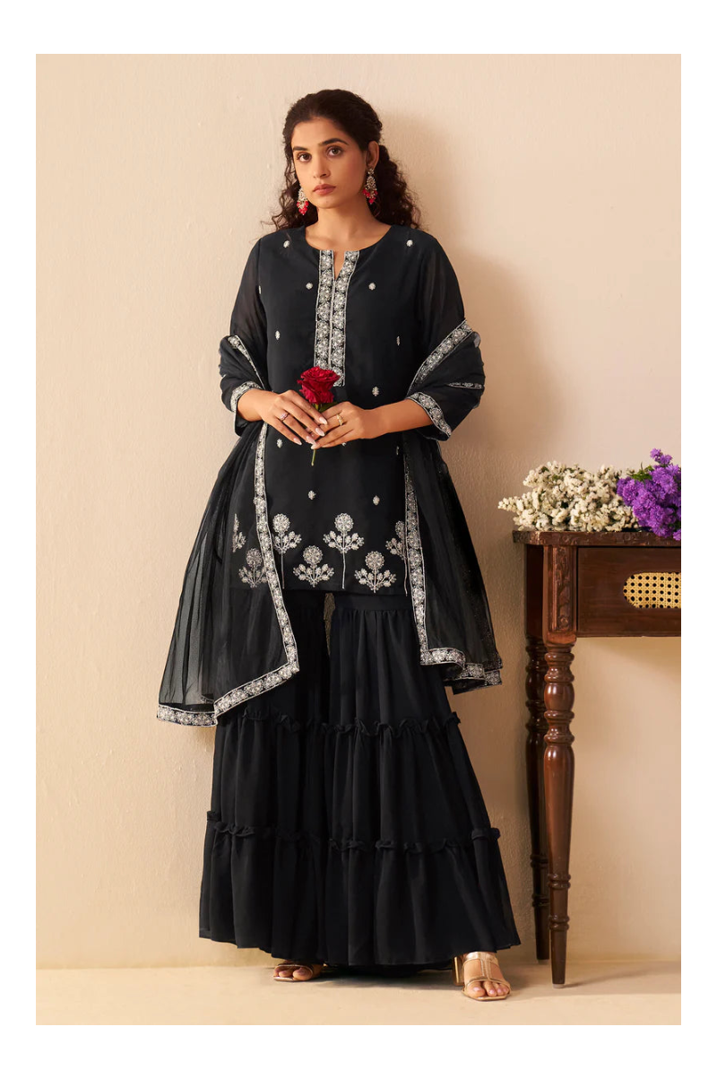 Black Georgette Handwork Embroidered Straight Kurta with Sharara & Net Dupatta