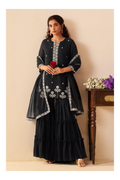 Black Georgette Handwork Embroidered Straight Kurta with Sharara & Net Dupatta