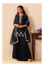 Black Georgette Handwork Embroidered Straight Kurta with Sharara & Net Dupatta
