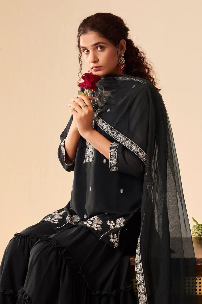 Black Georgette Handwork Embroidered Straight Kurta with Sharara & Net Dupatta