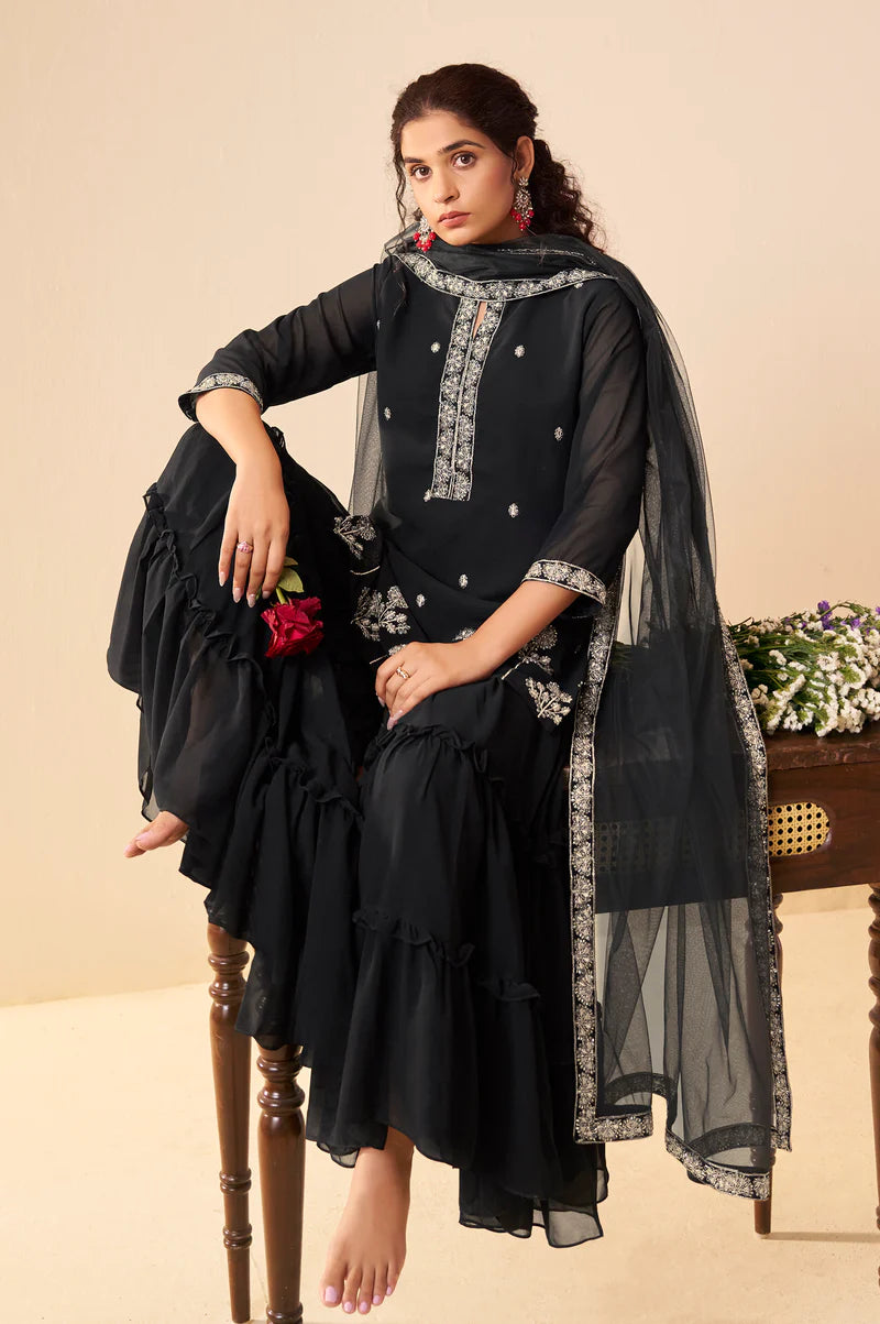Black Georgette Handwork Embroidered Straight Kurta with Sharara & Net Dupatta