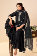 Black Georgette Handwork Embroidered Straight Kurta with Sharara & Net Dupatta