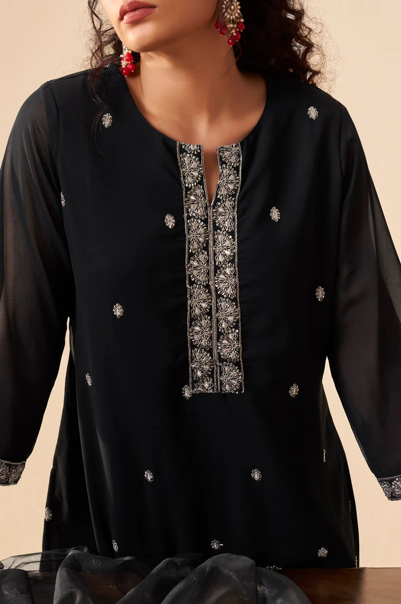 Black Georgette Handwork Embroidered Straight Kurta with Sharara & Net Dupatta
