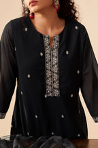 Black Georgette Handwork Embroidered Straight Kurta with Sharara & Net Dupatta