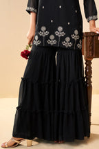 Black Georgette Handwork Embroidered Straight Kurta with Sharara & Net Dupatta
