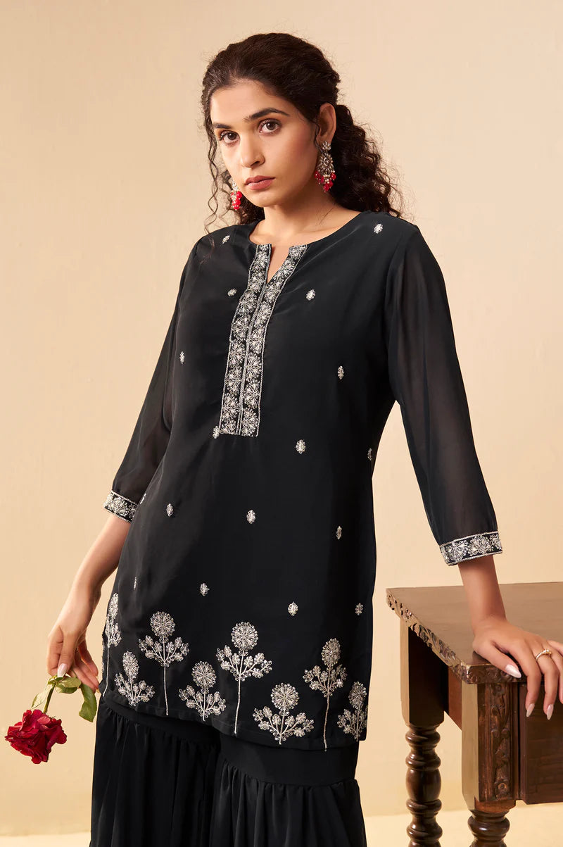 Black Georgette Handwork Embroidered Straight Kurta with Sharara & Net Dupatta