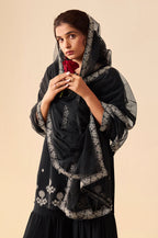 Black Georgette Handwork Embroidered Straight Kurta with Sharara & Net Dupatta
