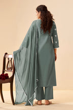 Grey Pure Cotton Schiffli Embroidered Straight Kurta Set