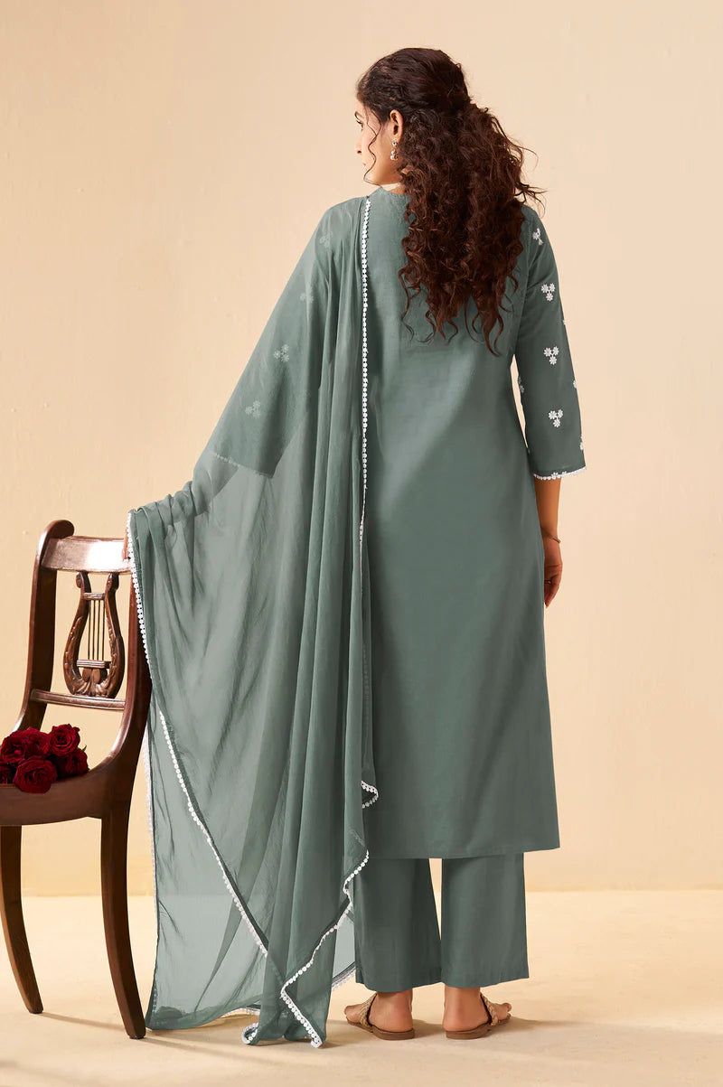 Grey Pure Cotton Schiffli Embroidered Straight Kurta Set