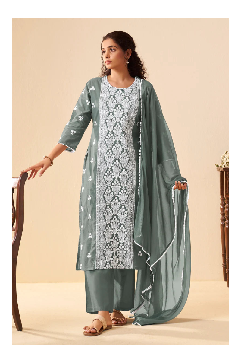 Grey Pure Cotton Schiffli Embroidered Straight Kurta Set