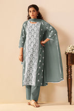 Grey Pure Cotton Schiffli Embroidered Straight Kurta Set