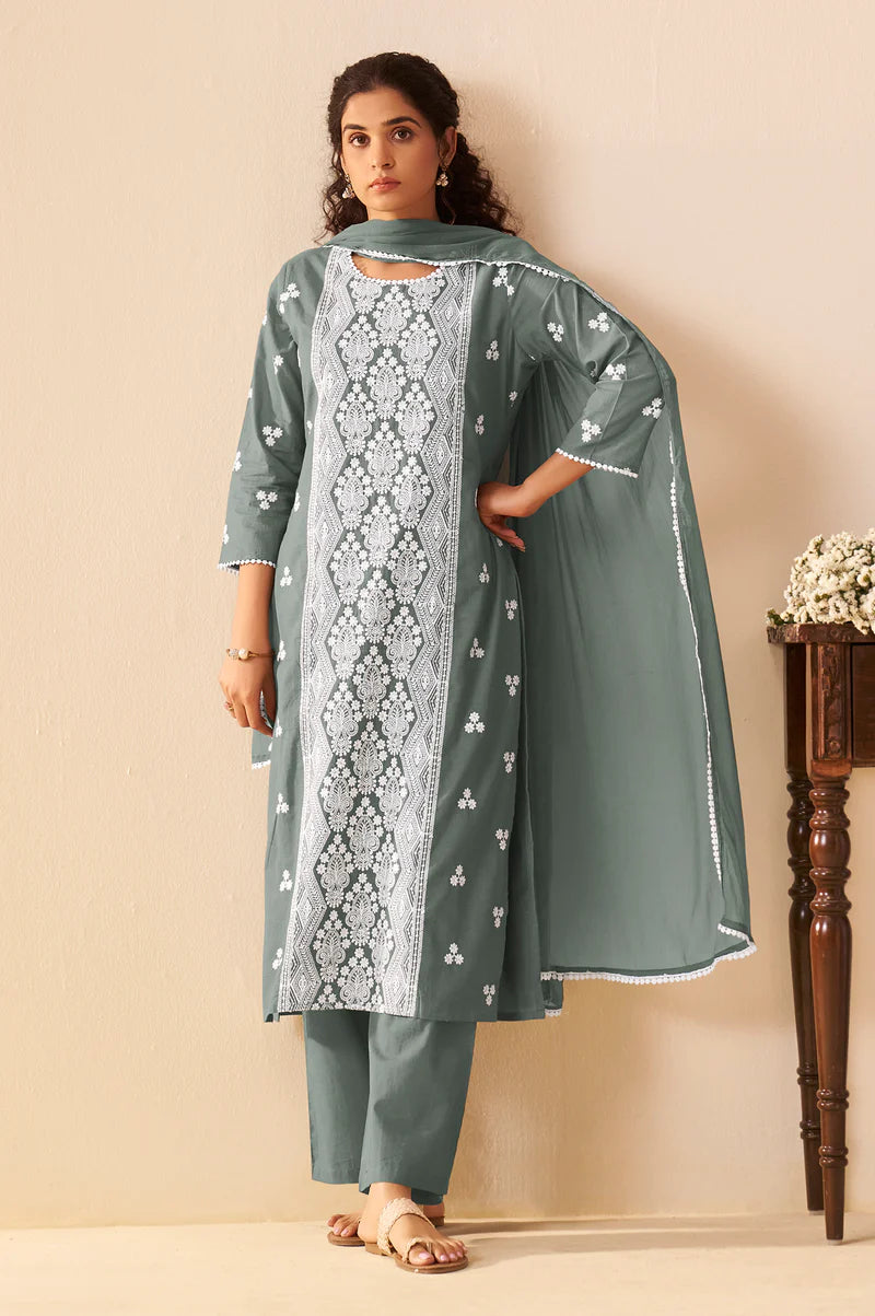 Grey Pure Cotton Schiffli Embroidered Straight Kurta Set