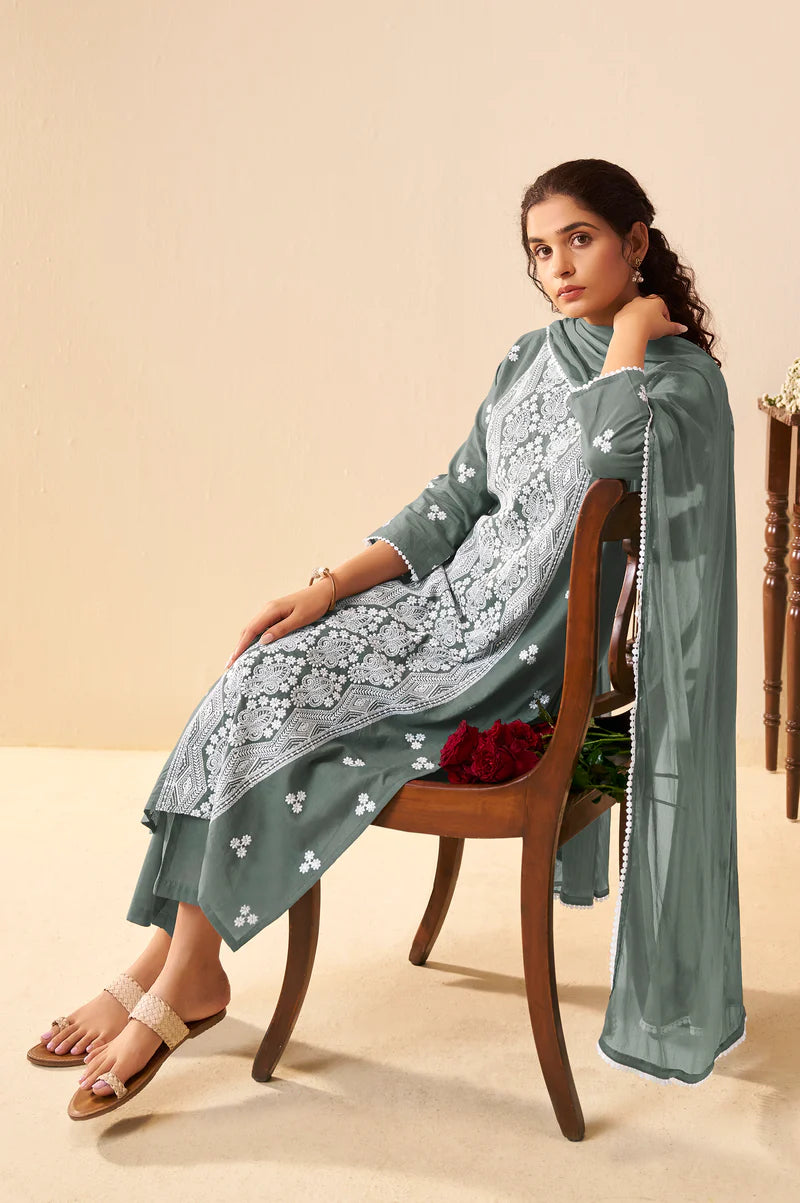 Grey Pure Cotton Schiffli Embroidered Straight Kurta Set