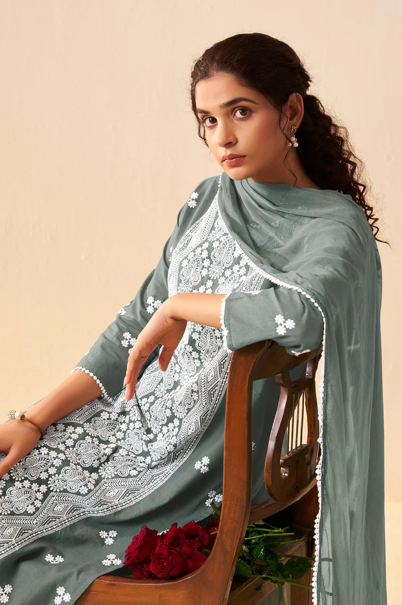 Grey Pure Cotton Schiffli Embroidered Straight Kurta Set