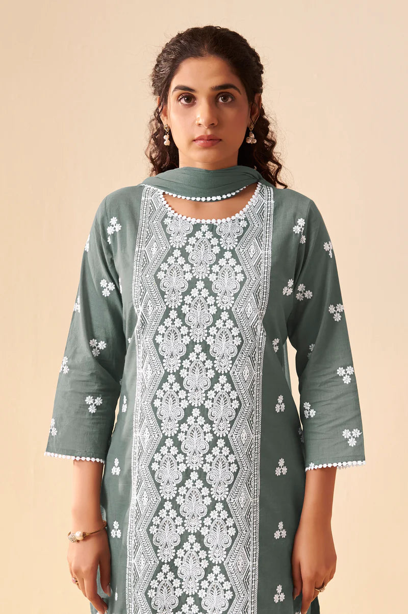 Grey Pure Cotton Schiffli Embroidered Straight Kurta Set