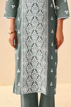 Grey Pure Cotton Schiffli Embroidered Straight Kurta Set