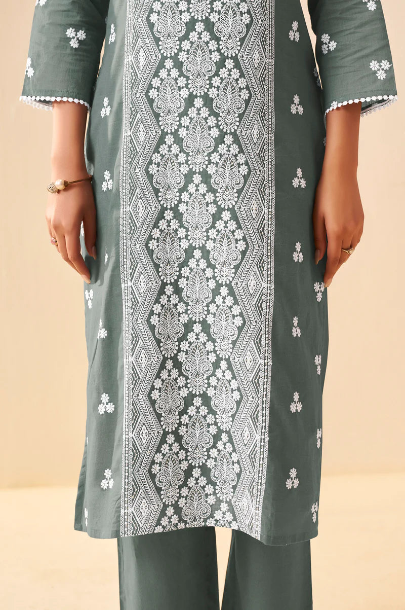 Grey Pure Cotton Schiffli Embroidered Straight Kurta Set