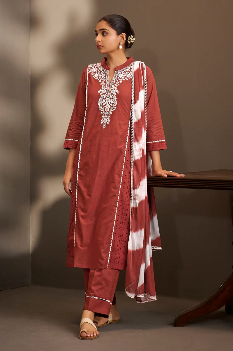 Rama Pure Cotton Schiffli Embroidered Straight Kurta Set with Cotton Pants & Najmin Chiffon Dupatta