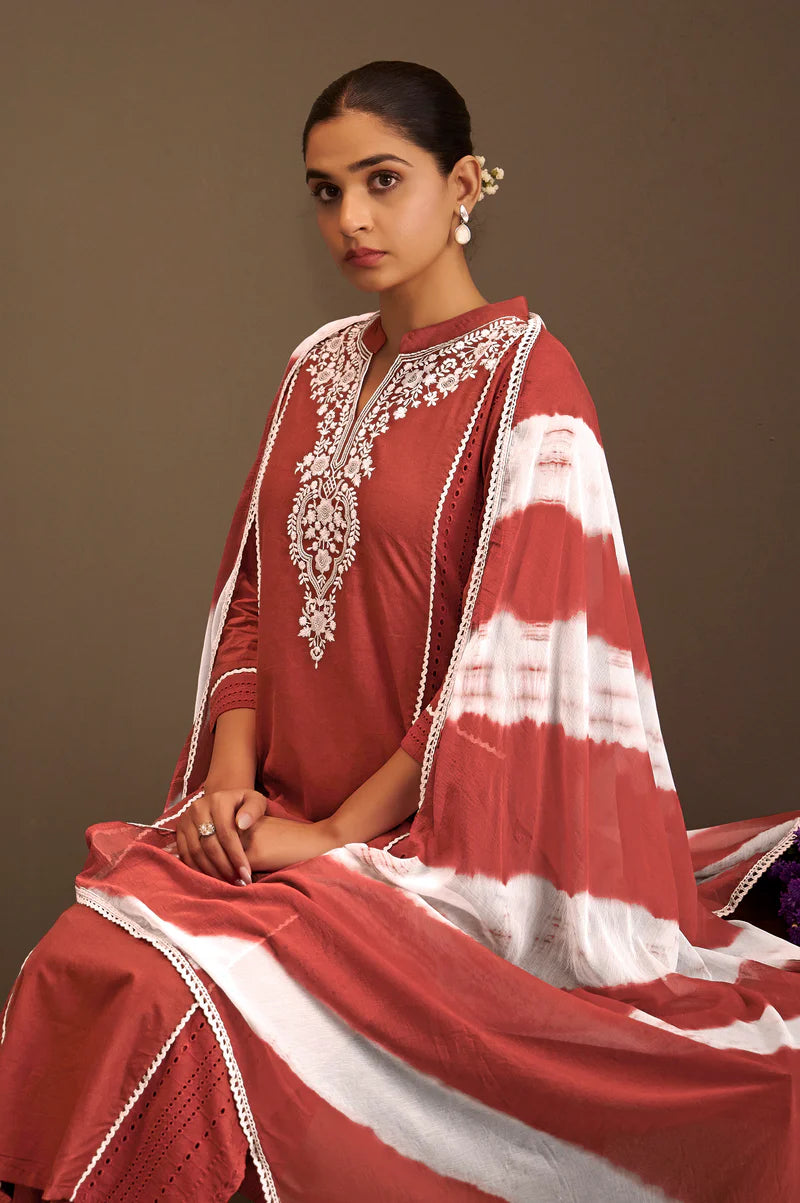 Rama Pure Cotton Schiffli Embroidered Straight Kurta Set with Cotton Pants & Najmin Chiffon Dupatta