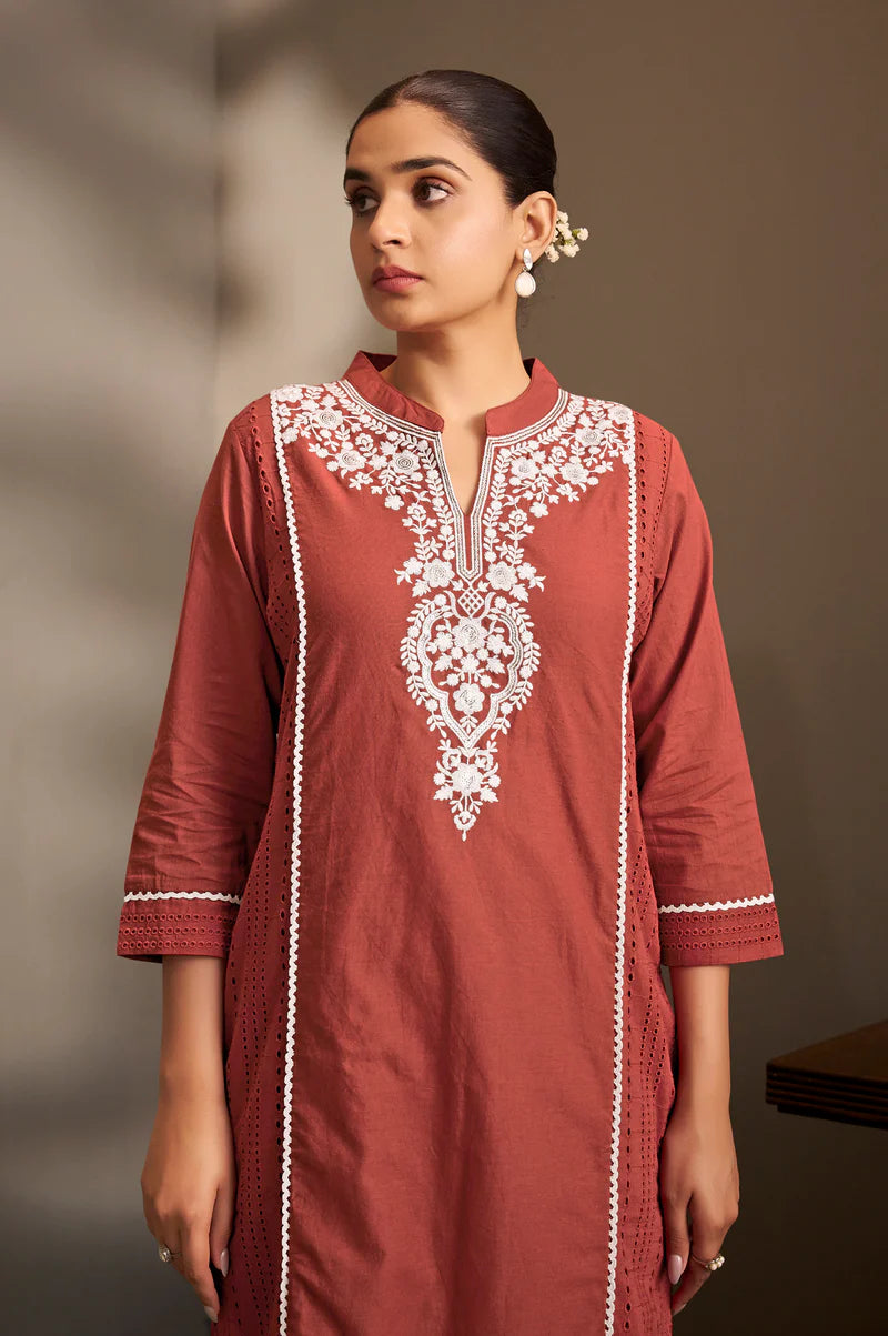 Rama Pure Cotton Schiffli Embroidered Straight Kurta Set with Cotton Pants & Najmin Chiffon Dupatta