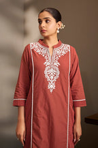Rama Pure Cotton Schiffli Embroidered Straight Kurta Set with Cotton Pants & Najmin Chiffon Dupatta