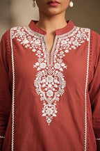 Rama Pure Cotton Schiffli Embroidered Straight Kurta Set with Cotton Pants & Najmin Chiffon Dupatta